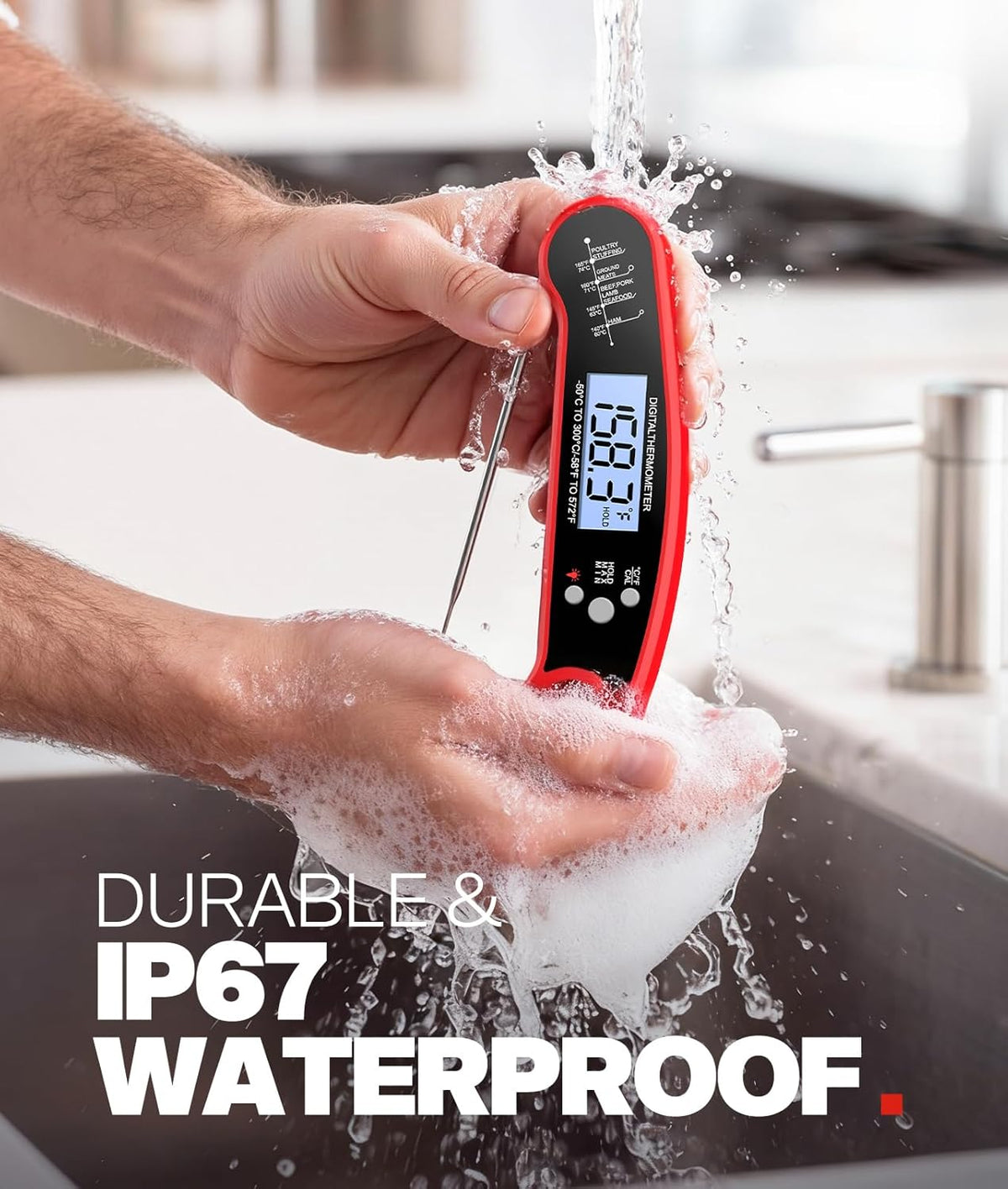 Meat Thermometer Digital – Instant Read Food Thermometer for Grilling, BBQ, Air Fryer, Smoker, Candy Making, Kitchen Gadgets, BBQ Essentials, Gift for Fathers Day, Dad Men Husband Him, Red