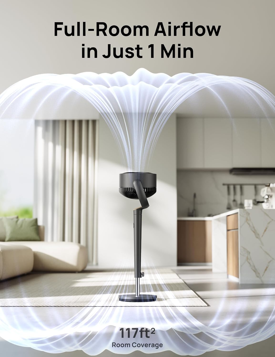 DREO Fan for Bedroom, 120° Oscillating Standing Fans, Quiet Floor Fan with DC Motor, 100ft Pedestal Fans for Room, 9 Speeds, 4 modes, 20dB, 120° Manual Vertical, 37-42
