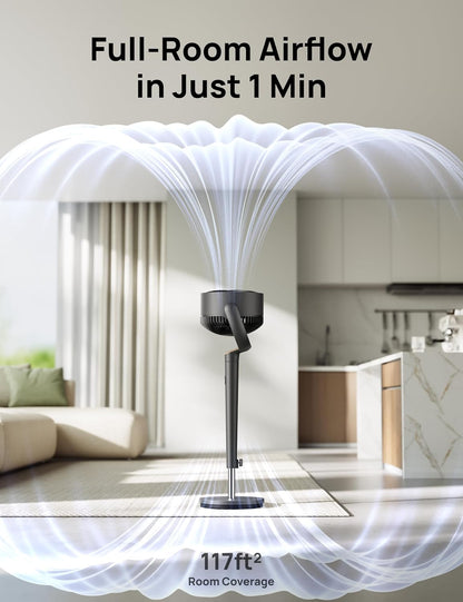 DREO Fan for Bedroom, 120° Oscillating Standing Fans, Quiet Floor Fan with DC Motor, 100ft Pedestal Fans for Room, 9 Speeds, 4 modes, 20dB, 120° Manual Vertical, 37-42" Adjustable Height, 9H Timer