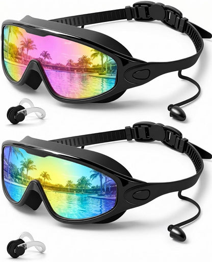 Swim Goggles 2 Pack, Wide View Anti Fog&UV Swimming Goggles for Audlt, No Leaking Swim Glasses for Men Women Kids