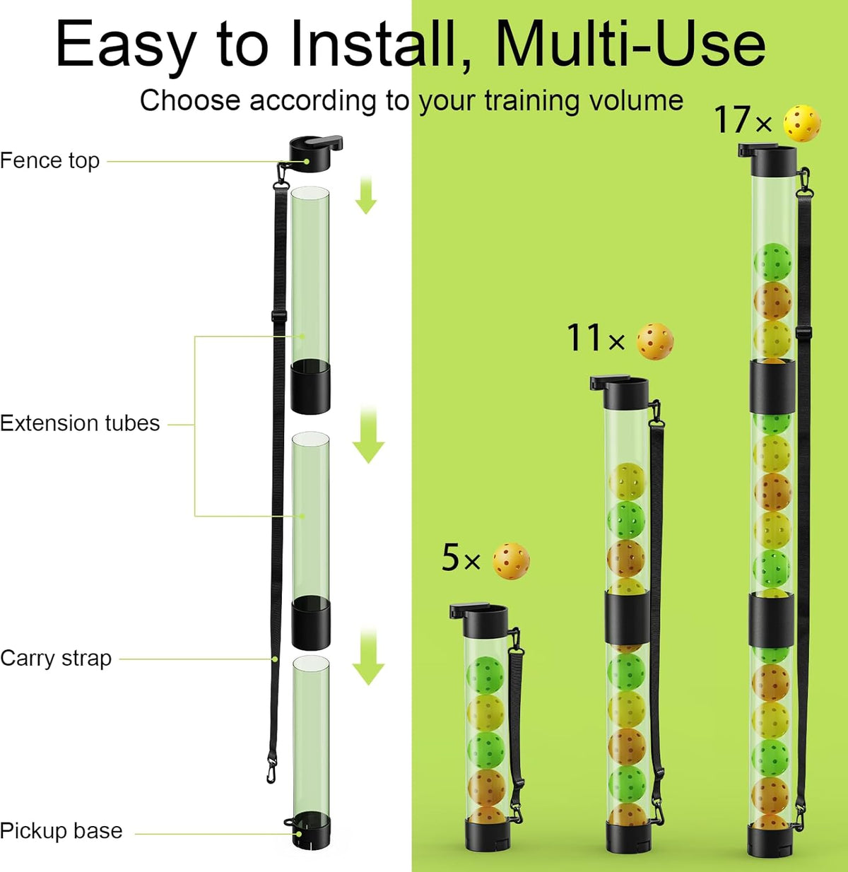 17 Balls Pickleball Ball Retriever & Ball Holder Storage with Strap, Back Saver for Pickleball Accessories, Quick for Pickleball Tube Ball Pickup