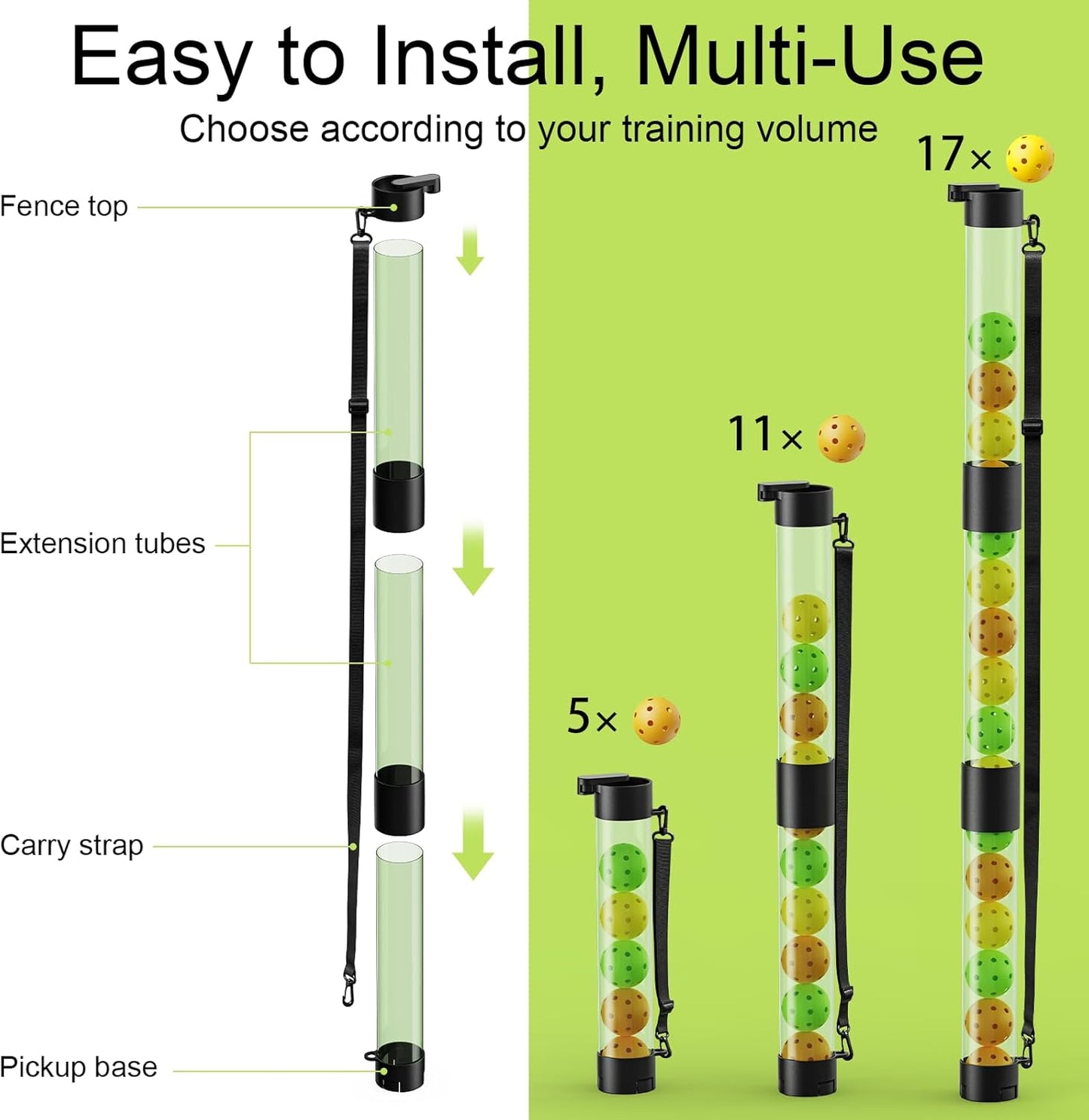 17 Balls Pickleball Ball Retriever & Ball Holder Storage with Strap, Back Saver for Pickleball Accessories, Quick for Pickleball Tube Ball Pickup