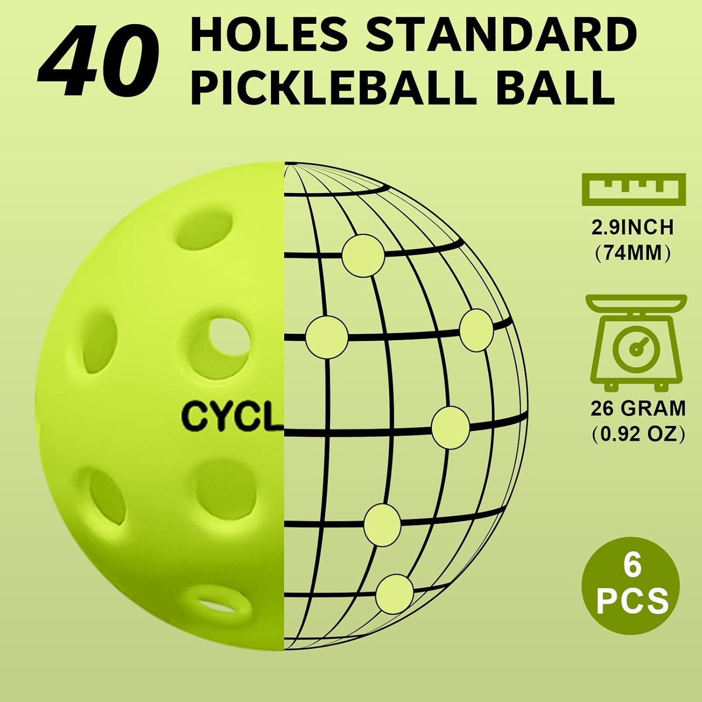 cyclotron 6-Pack Premium Pickleball Balls - USAP Approved, 40 Holes Outdoor/Indoor Pickle Balls with Bag, Perfectly Balanced, High Bounce True Flight, Pickle Ball for Tournament Play