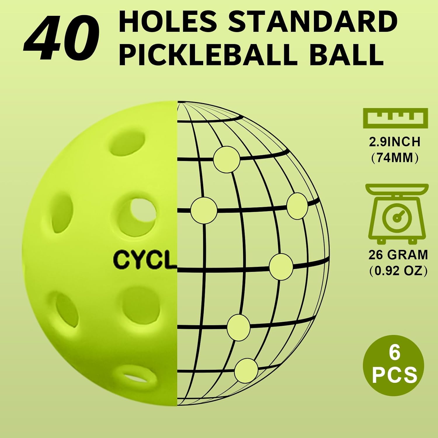 cyclotron 6-Pack Premium Pickleball Balls - USAP Approved, 40 Holes Outdoor/Indoor Pickle Balls with Bag, Perfectly Balanced, High Bounce True Flight, Pickle Ball for Tournament Play