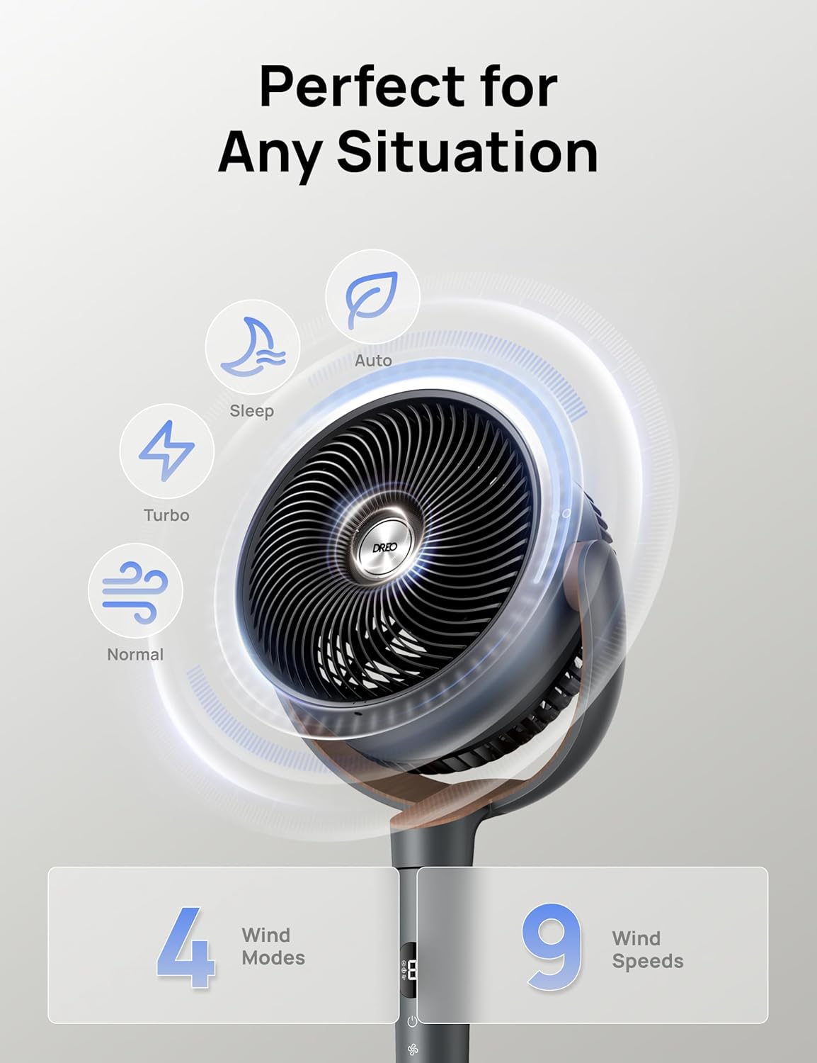 DREO Fan for Bedroom, 120° Oscillating Standing Fans, Quiet Floor Fan with DC Motor, 100ft Pedestal Fans for Room, 9 Speeds, 4 modes, 20dB, 120° Manual Vertical, 37-42