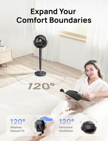 DREO Fan for Bedroom, 120° Oscillating Standing Fans, Quiet Floor Fan with DC Motor, 100ft Pedestal Fans for Room, 9 Speeds, 4 modes, 20dB, 120° Manual Vertical, 37-42" Adjustable Height, 9H Timer