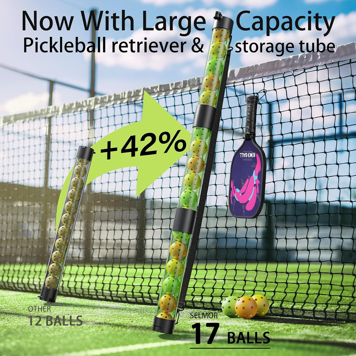 17 Balls Pickleball Ball Retriever & Ball Holder Storage with Strap, Back Saver for Pickleball Accessories, Quick for Pickleball Tube Ball Pickup