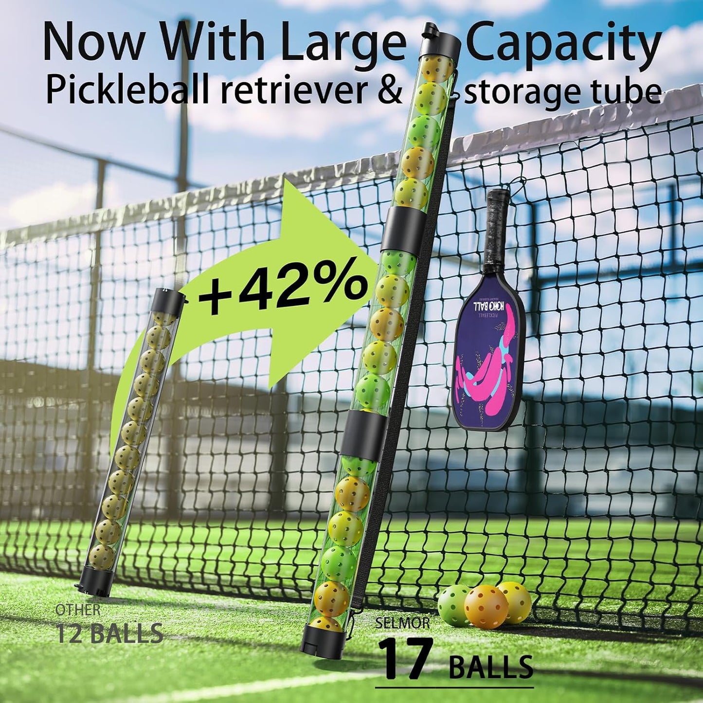 17 Balls Pickleball Ball Retriever & Ball Holder Storage with Strap, Back Saver for Pickleball Accessories, Quick for Pickleball Tube Ball Pickup