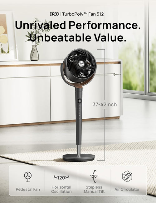 DREO Fan for Bedroom, 120° Oscillating Standing Fans, Quiet Floor Fan with DC Motor, 100ft Pedestal Fans for Room, 9 Speeds, 4 modes, 20dB, 120° Manual Vertical, 37-42" Adjustable Height, 9H Timer