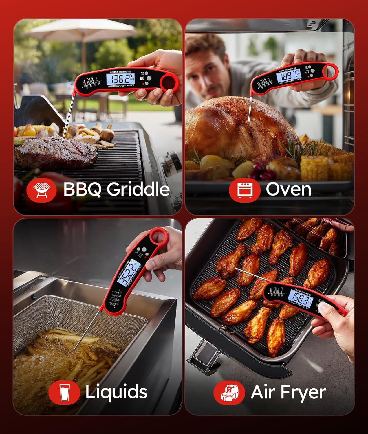 Meat Thermometer Digital – Instant Read Food Thermometer for Grilling, BBQ, Air Fryer, Smoker, Candy Making, Kitchen Gadgets, BBQ Essentials, Gift for Fathers Day, Dad Men Husband Him, Red