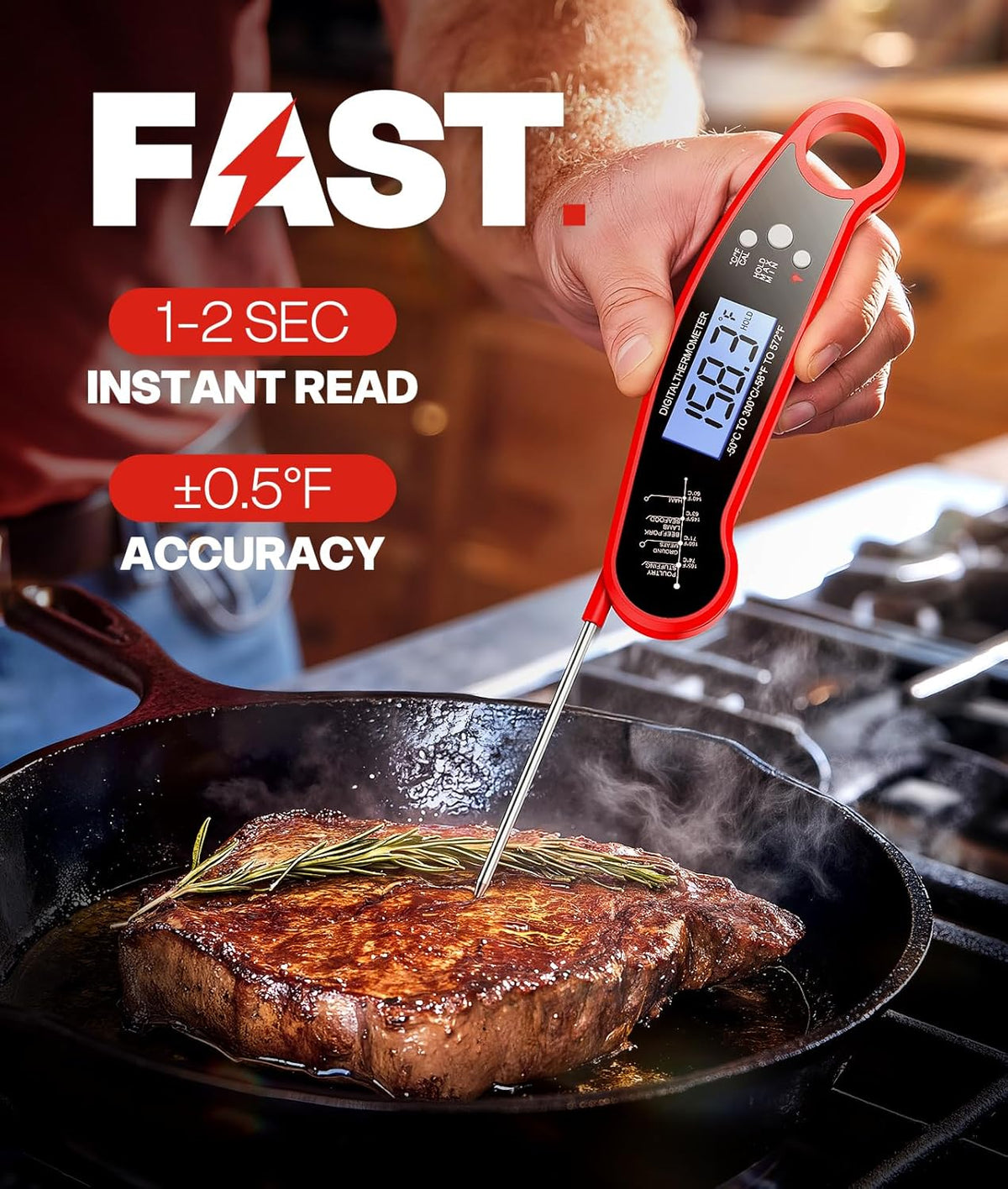 Meat Thermometer Digital – Instant Read Food Thermometer for Grilling, BBQ, Air Fryer, Smoker, Candy Making, Kitchen Gadgets, BBQ Essentials, Gift for Fathers Day, Dad Men Husband Him, Red