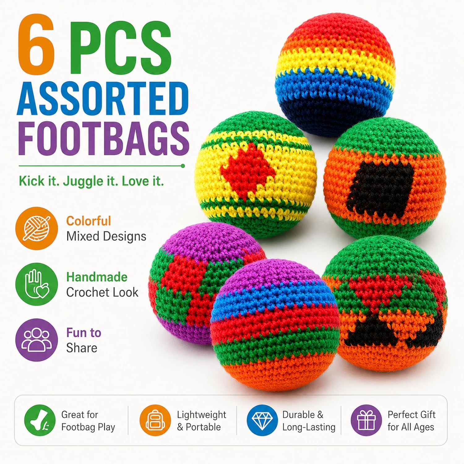 Footbag - 2 Panel Sand Filled Foot Bag, Soft Suede Kicking Bag for Adults, Freestyle Kick Ball for Practice, Outdoor Games, Party Activities