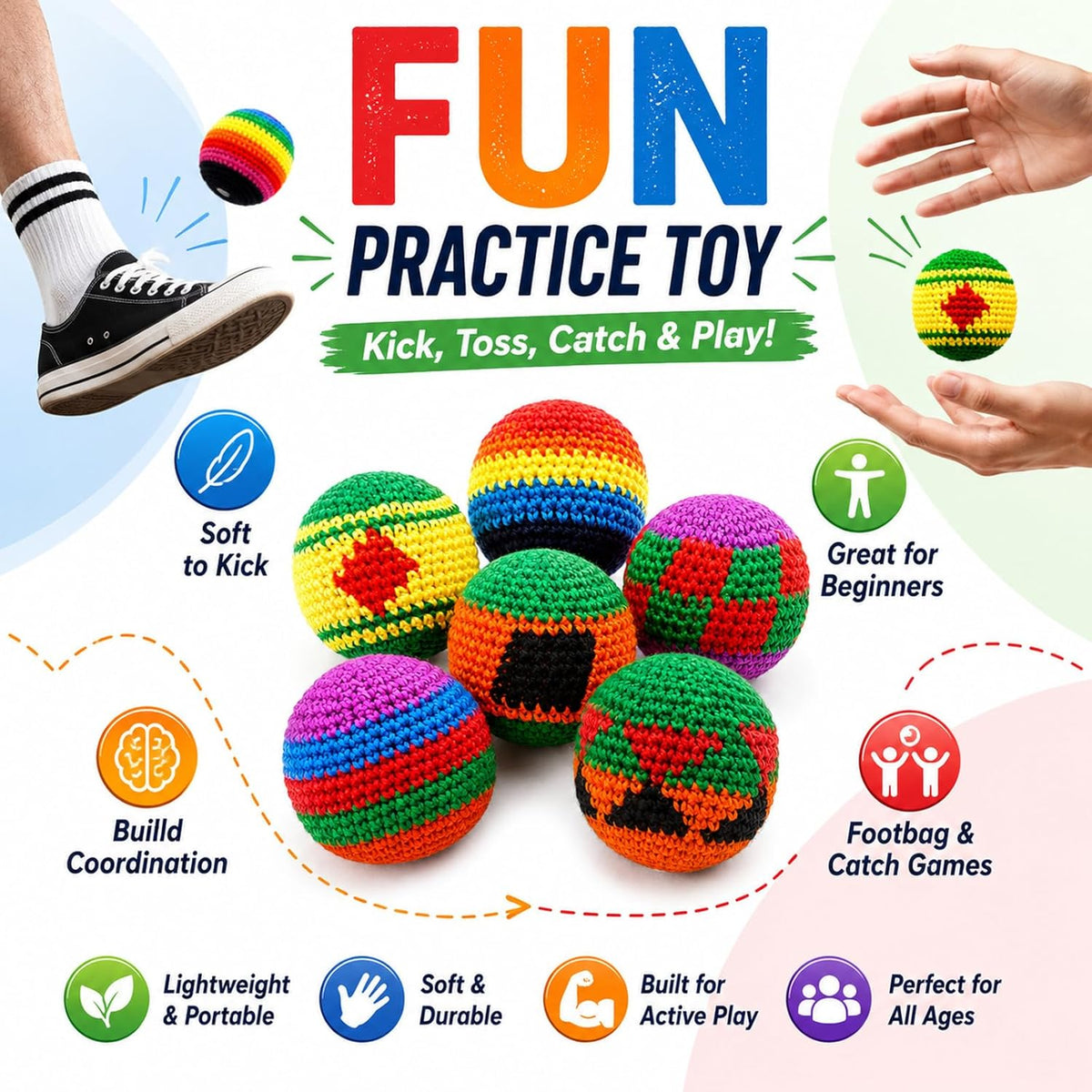 Footbag - 2 Panel Sand Filled Foot Bag, Soft Suede Kicking Bag for Adults, Freestyle Kick Ball for Practice, Outdoor Games, Party Activities